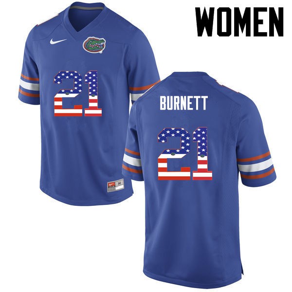 Florida Gators Women #21 McArthur Burnett College Football USA Flag Fashion Blue
